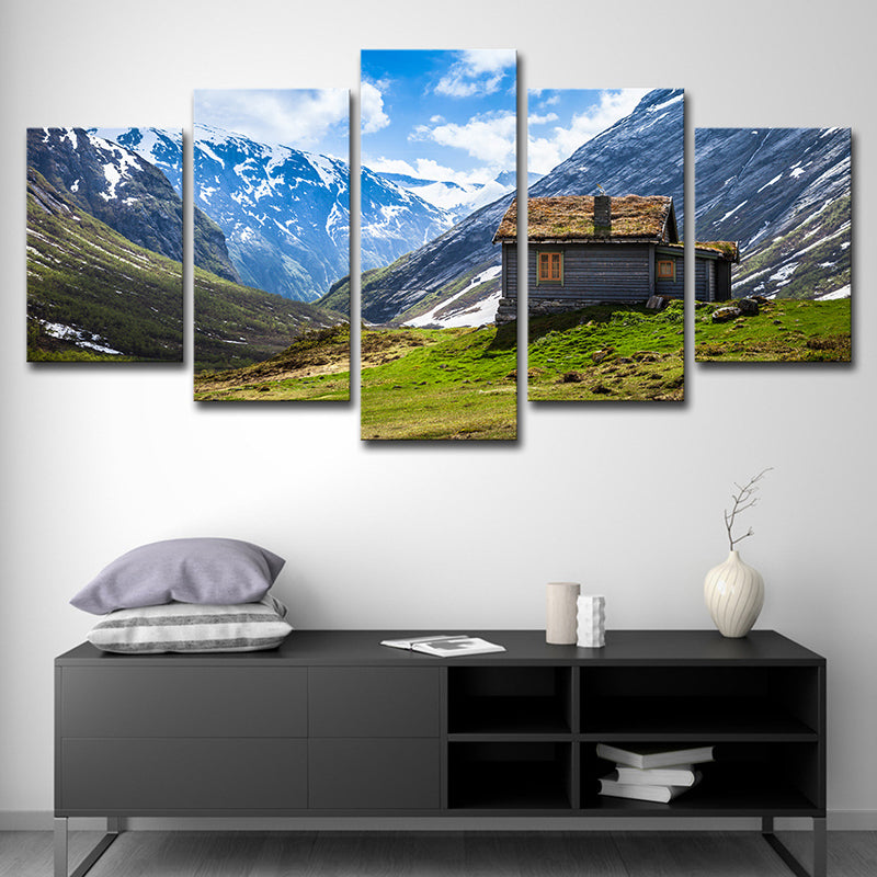 Contemporary Log Cabin Wall Art Blue Valley Scenery Canvas Print for Sitting Room