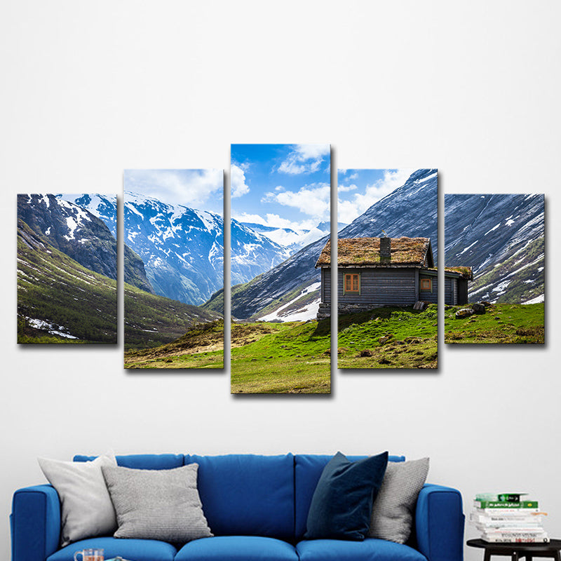 Contemporary Log Cabin Wall Art Blue Valley Scenery Canvas Print for Sitting Room