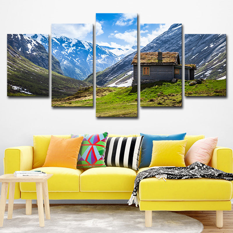 Contemporary Log Cabin Wall Art Blue Valley Scenery Canvas Print for Sitting Room