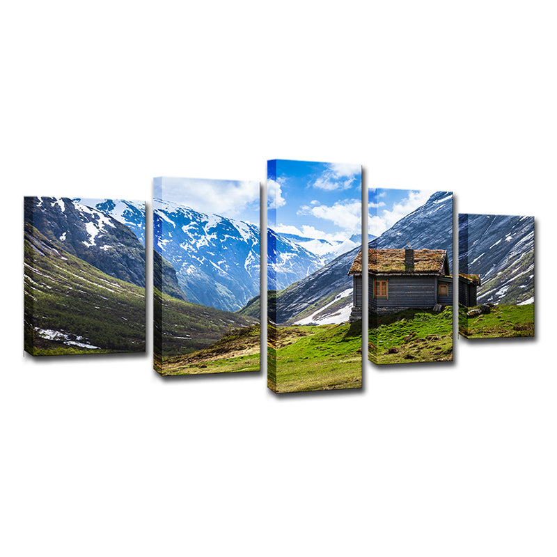 Contemporary Log Cabin Wall Art Blue Valley Scenery Canvas Print for Sitting Room