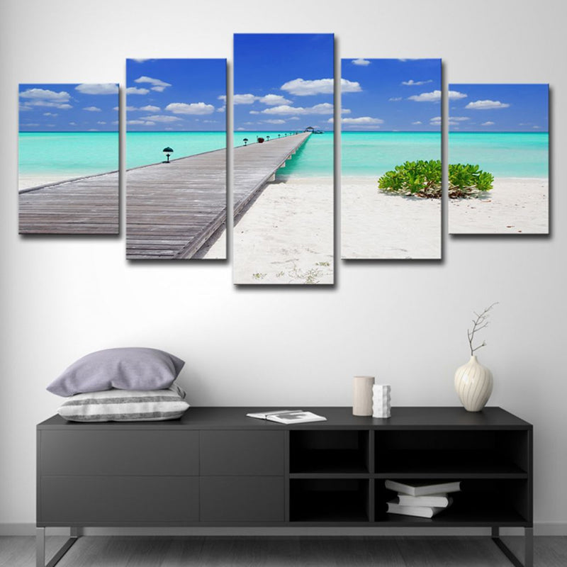 Tropics Seascape Wall Decor Blue Endless Bridge to the Ocean Canvas Art for Hotel