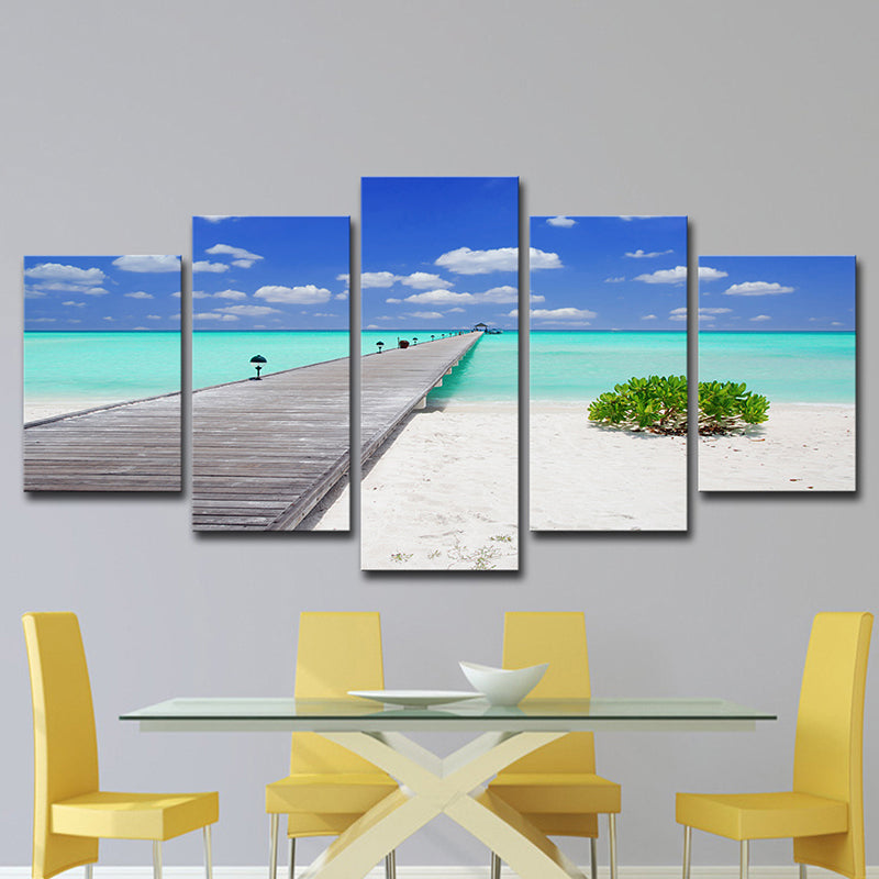 Tropics Seascape Wall Decor Blue Endless Bridge to the Ocean Canvas Art for Hotel