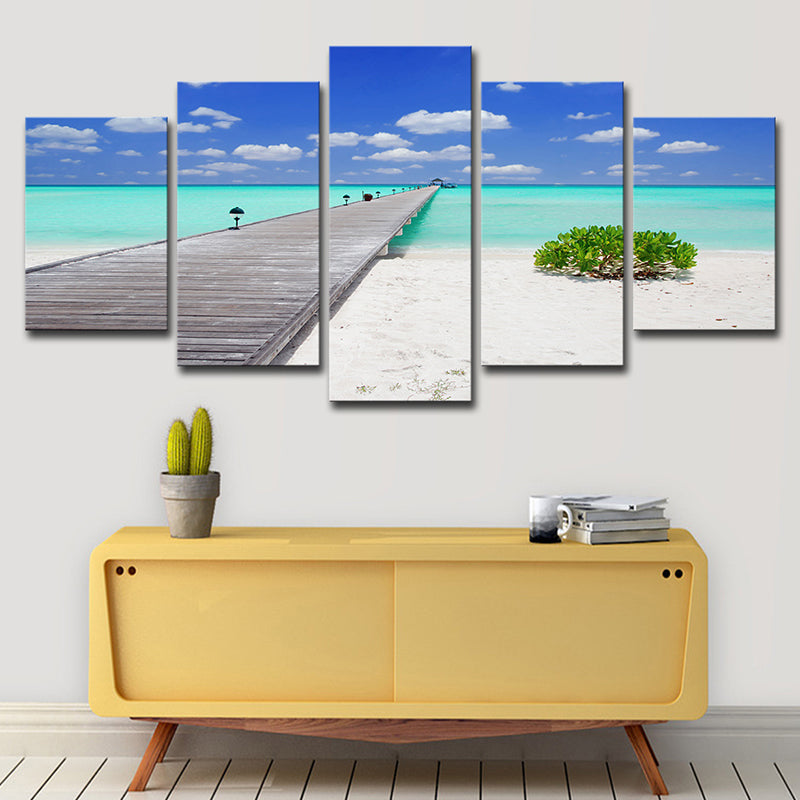 Tropics Seascape Wall Decor Blue Endless Bridge to the Ocean Canvas Art for Hotel