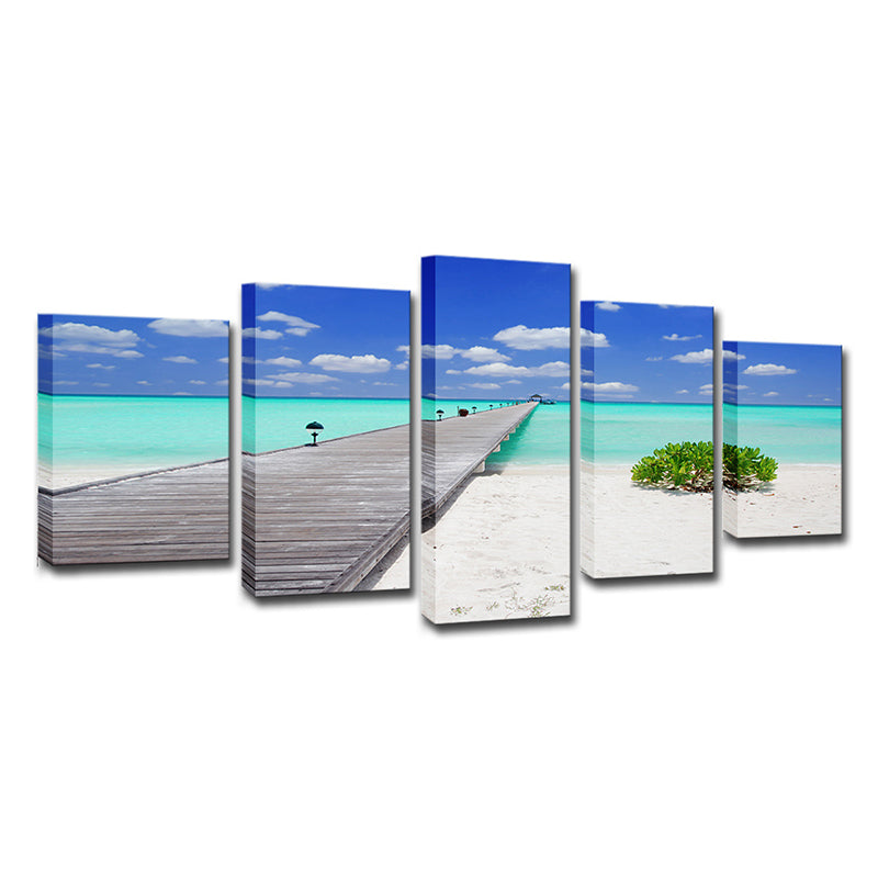 Tropics Seascape Wall Decor Blue Endless Bridge to the Ocean Canvas Art for Hotel