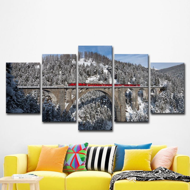 Grey Snowy Mountain Forest Art Print Viaduct Modern Multi-Piece Wall Decor for Home