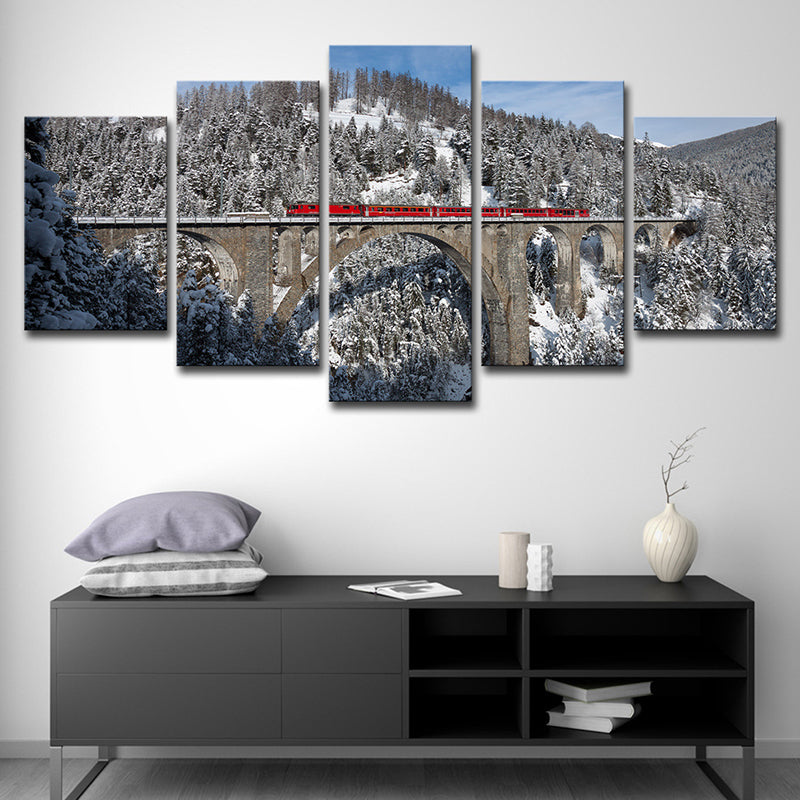 Grey Snowy Mountain Forest Art Print Viaduct Modern Multi-Piece Wall Decor for Home