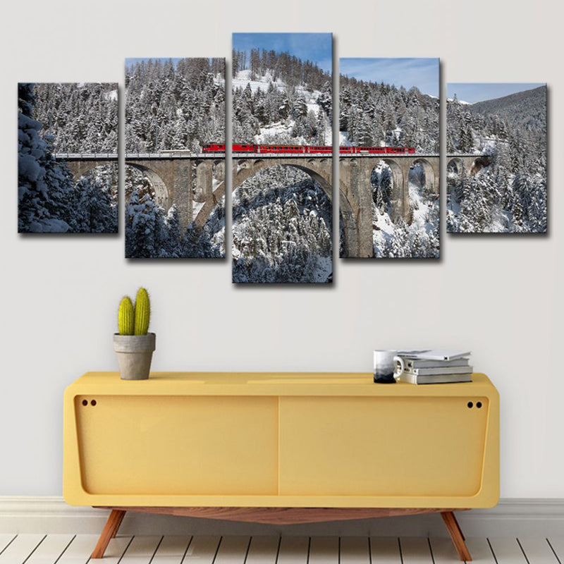 Grey Snowy Mountain Forest Art Print Viaduct Modern Multi-Piece Wall Decor for Home