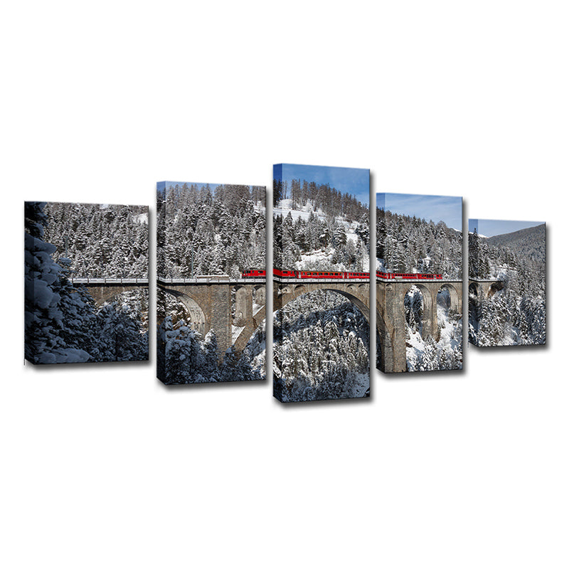 Grey Snowy Mountain Forest Art Print Viaduct Modern Multi-Piece Wall Decor for Home