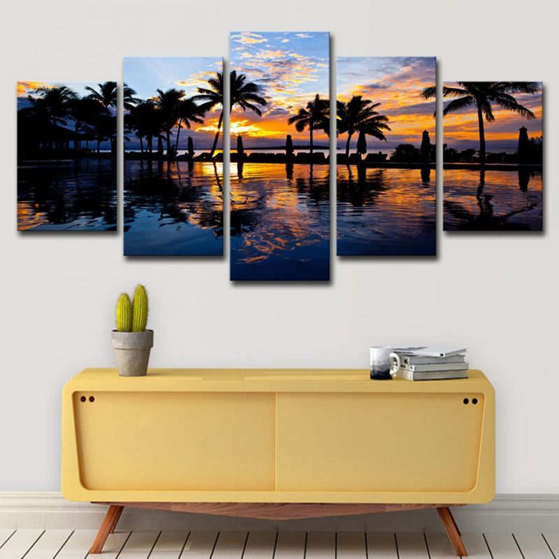 Tropical Sunset View Wall Art Yellow Swimming Pool Canvas Print for Hotel, Multi-Piece