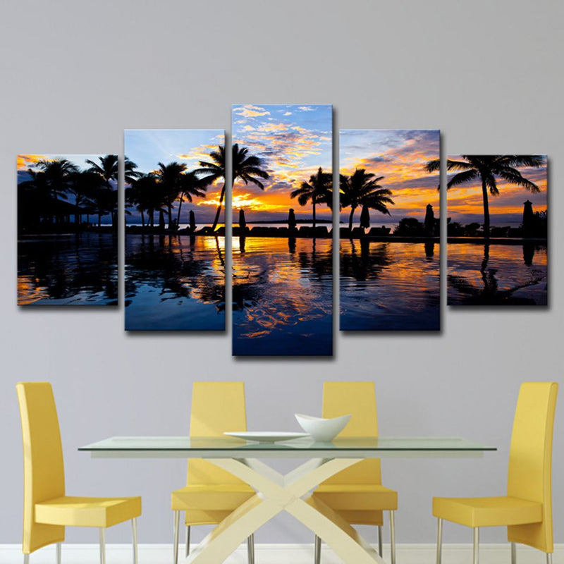 Tropical Sunset View Wall Art Yellow Swimming Pool Canvas Print for Hotel, Multi-Piece