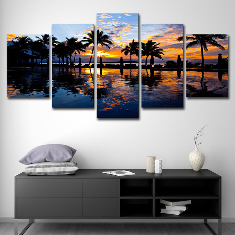 Tropical Sunset View Wall Art Yellow Swimming Pool Canvas Print for Hotel, Multi-Piece