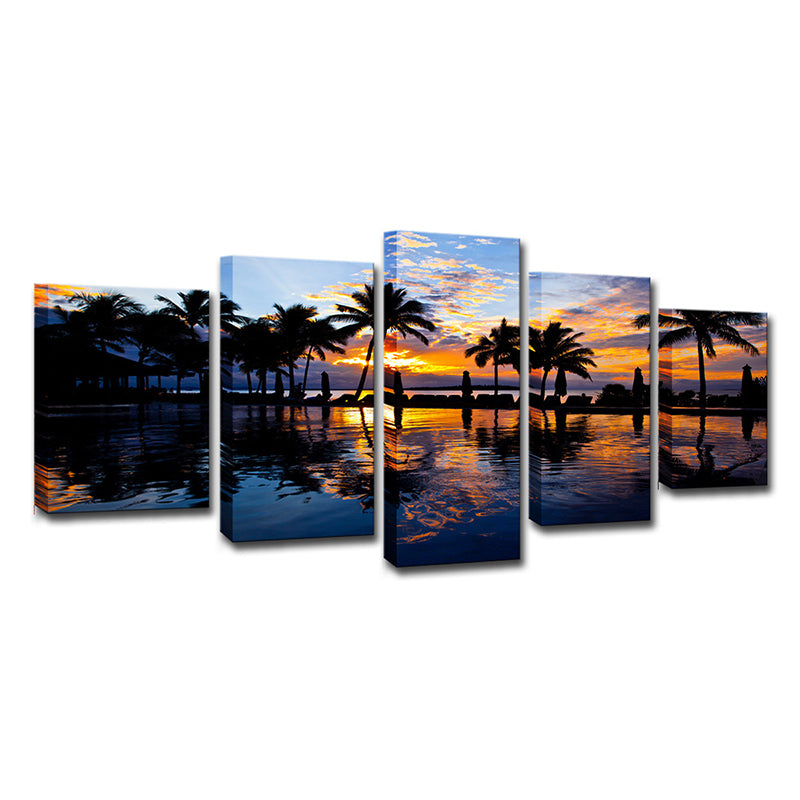 Tropical Sunset View Wall Art Yellow Swimming Pool Canvas Print for Hotel, Multi-Piece