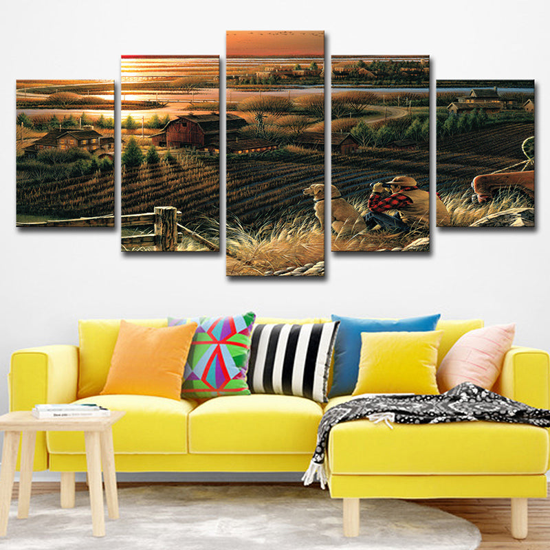 Photo-Print Sunset Farmland Canvas Wall Art for Living Room, Brown, Multiple-Piece