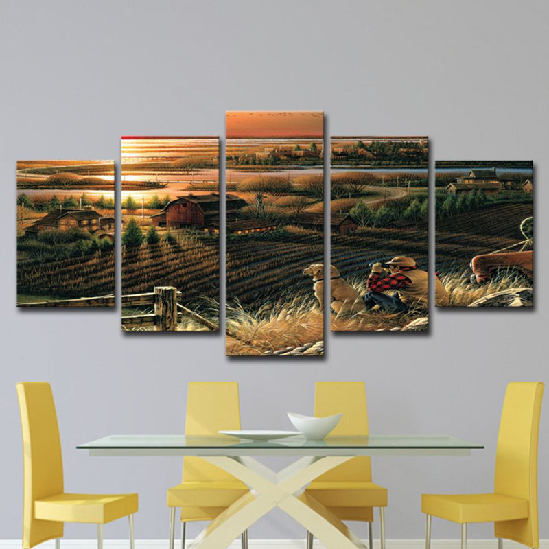 Photo-Print Sunset Farmland Canvas Wall Art for Living Room, Brown, Multiple-Piece