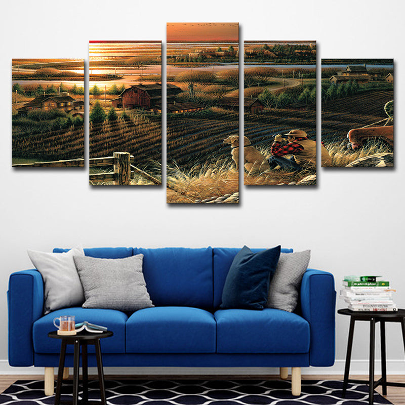 Photo-Print Sunset Farmland Canvas Wall Art for Living Room, Brown, Multiple-Piece