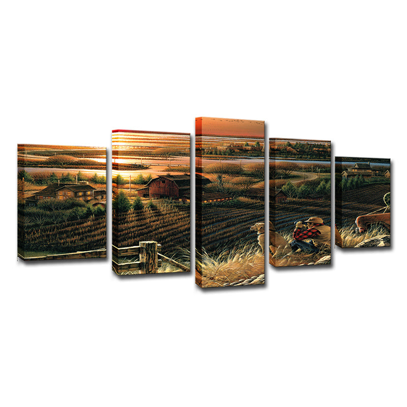 Photo-Print Sunset Farmland Canvas Wall Art for Living Room, Brown, Multiple-Piece