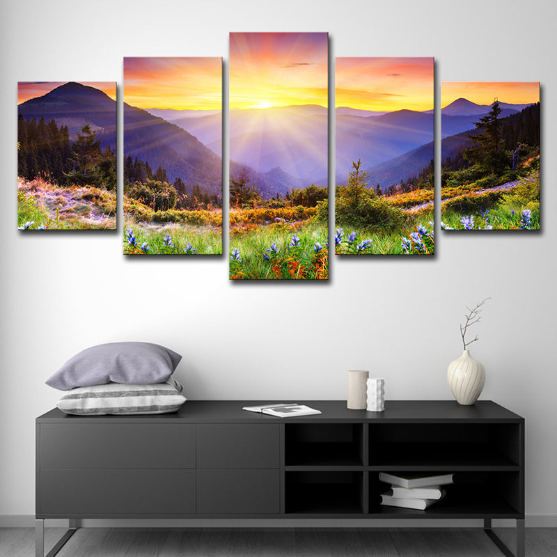 Modern Wrapped Canvas Yellow Sunset View from the Mountain Peak Wall Art, Multi-Piece