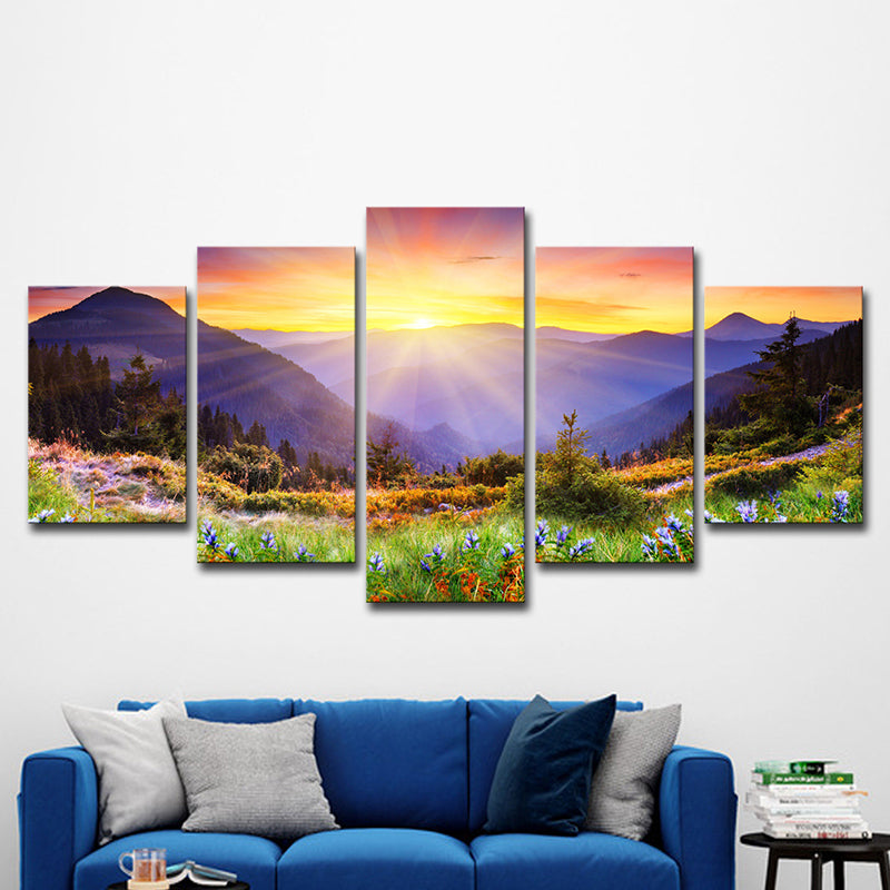 Modern Wrapped Canvas Yellow Sunset View from the Mountain Peak Wall Art, Multi-Piece