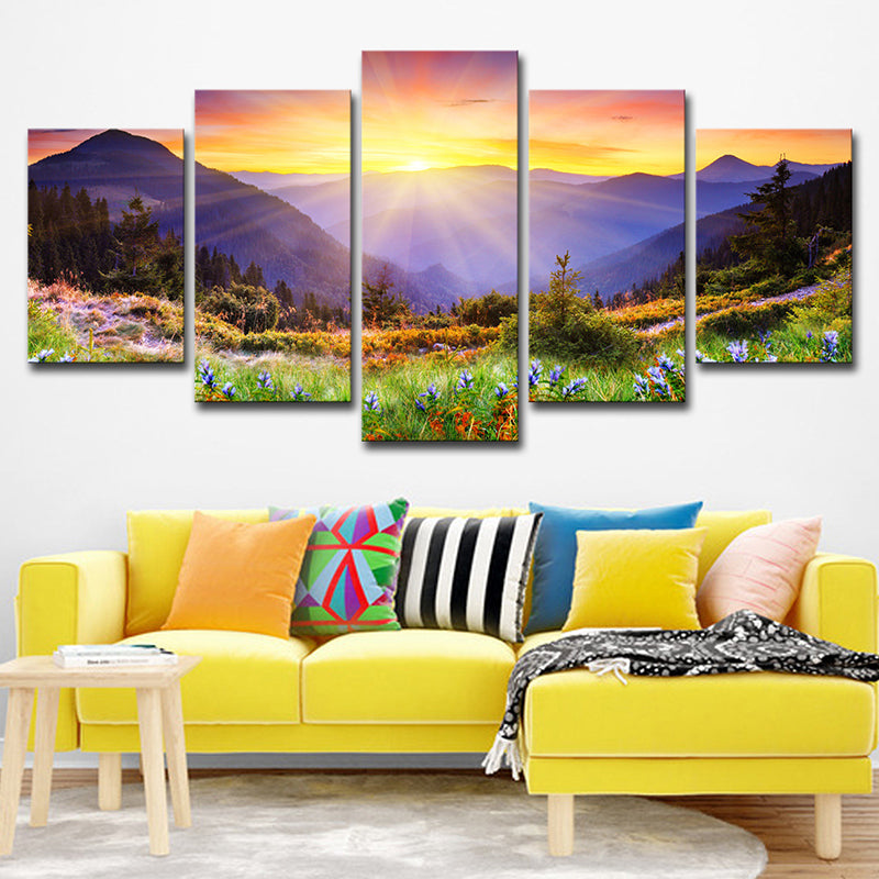 Modern Wrapped Canvas Yellow Sunset View from the Mountain Peak Wall Art, Multi-Piece