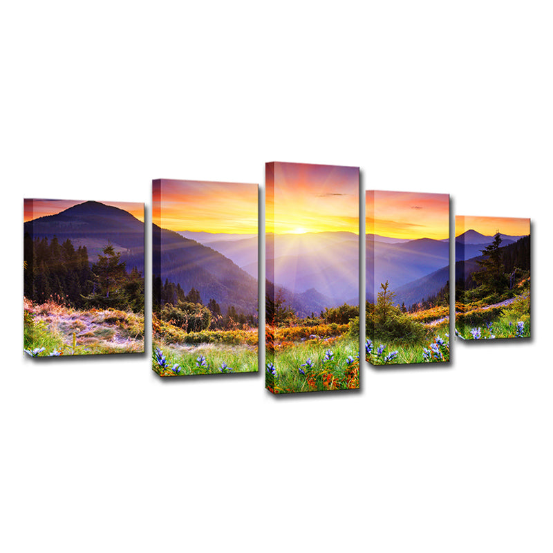 Modern Wrapped Canvas Yellow Sunset View from the Mountain Peak Wall Art, Multi-Piece