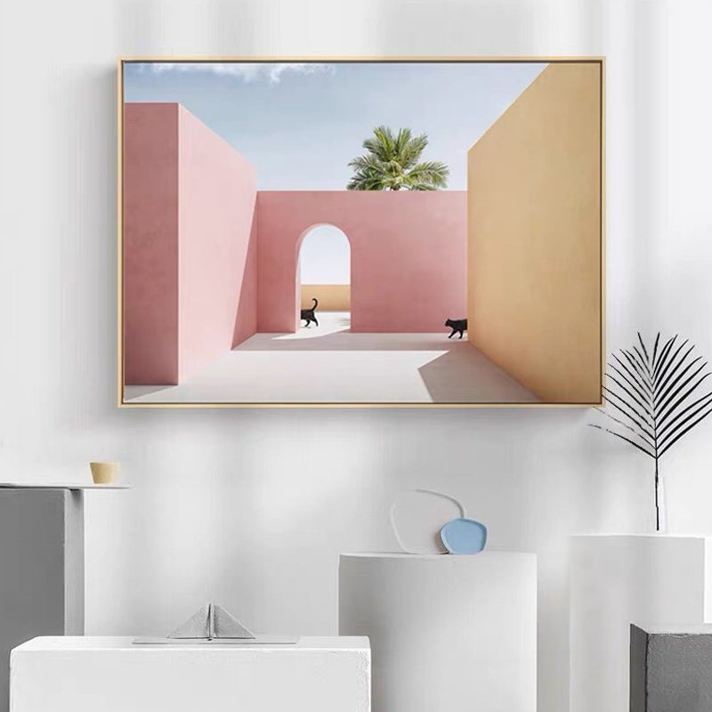 Courtyard Cat Wall Art Print Modern Aesthetic Architecture Canvas Print in Soft Color