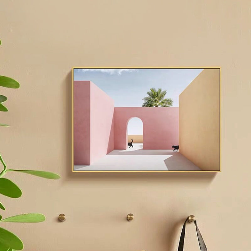 Courtyard Cat Wall Art Print Modern Aesthetic Architecture Canvas Print in Soft Color