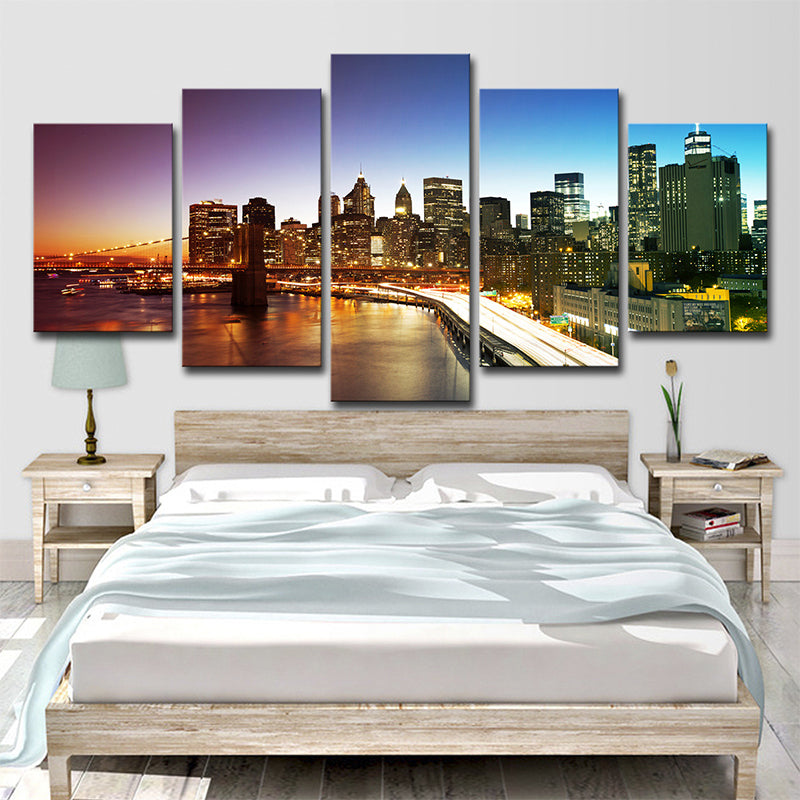 Nightfall Manhattan Bridge Canvas Print Global Inspired Enchanting Cityscape Wall Art in Grey