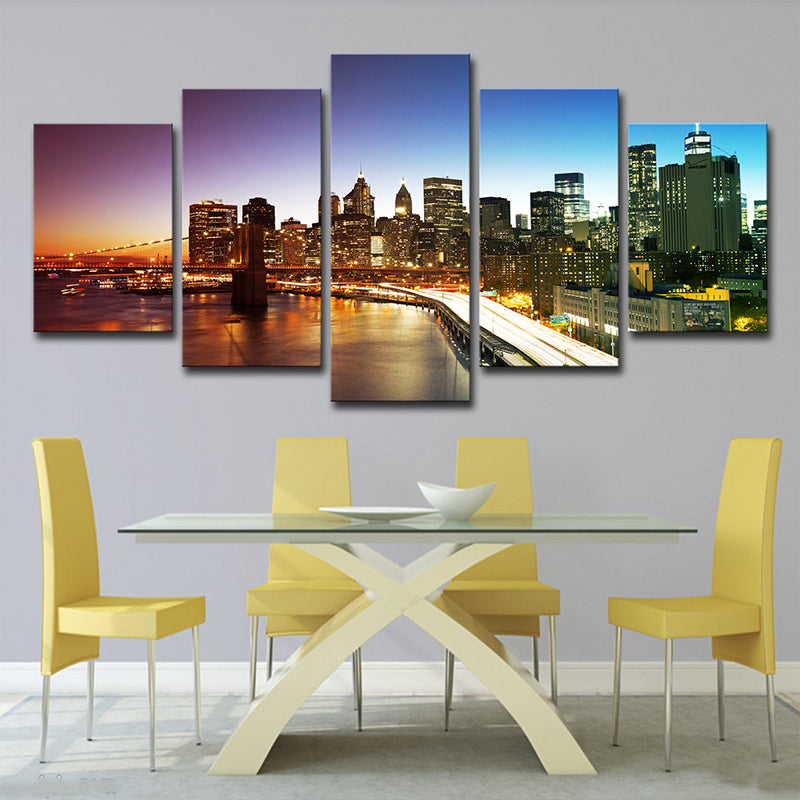 Nightfall Manhattan Bridge Canvas Print Global Inspired Enchanting Cityscape Wall Art in Grey