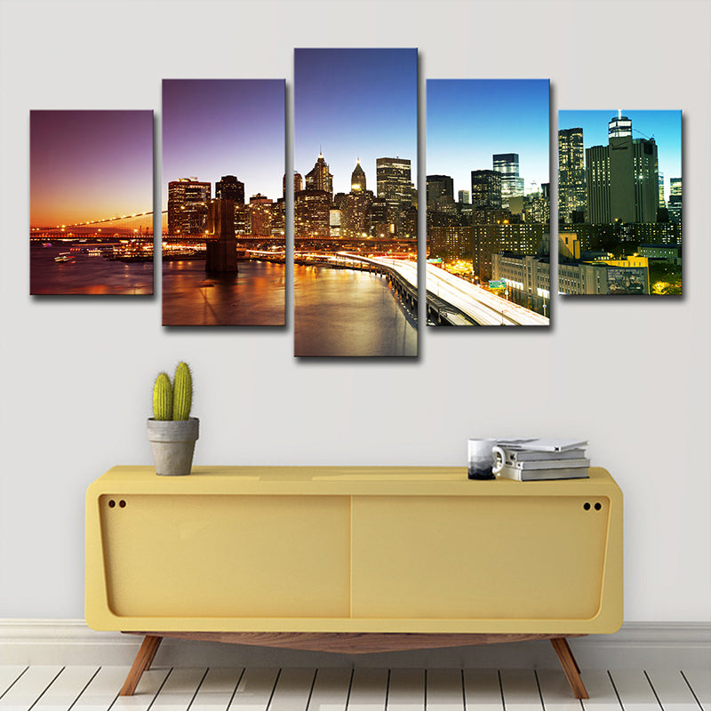 Nightfall Manhattan Bridge Canvas Print Global Inspired Enchanting Cityscape Wall Art in Grey