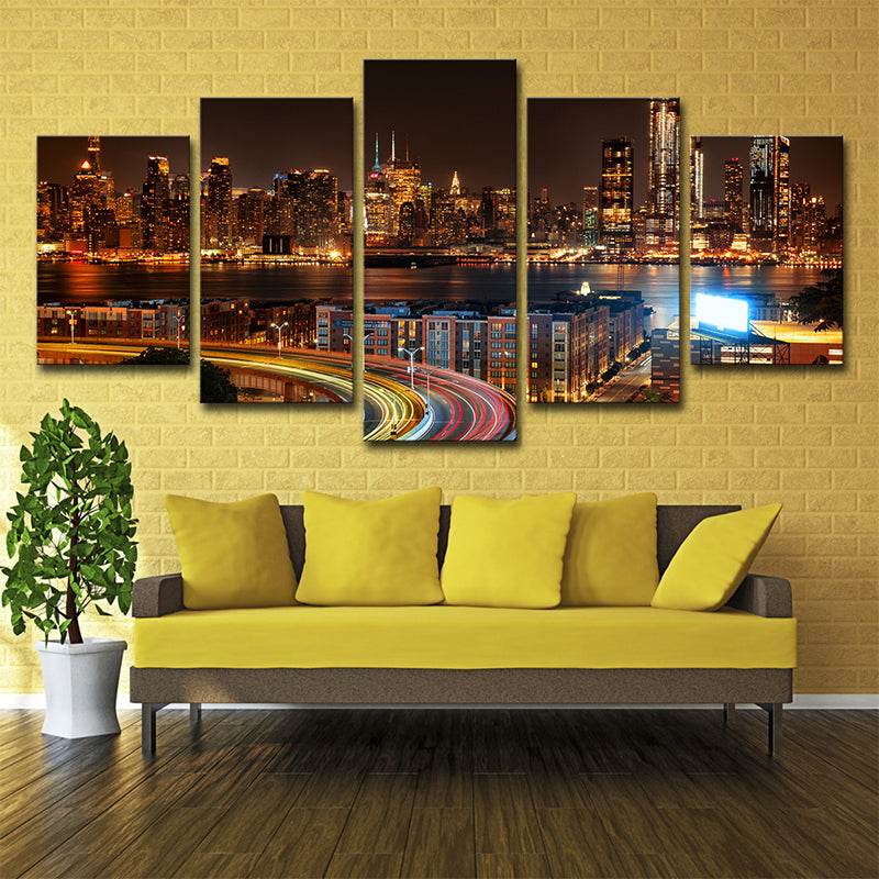 Urban Wall Decor Brown New York City Night Scenery Canvas Wall Art for Living Room