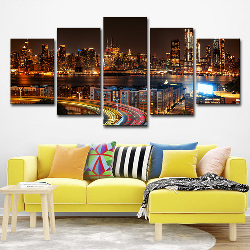 Urban Wall Decor Brown New York City Night Scenery Canvas Wall Art for Living Room