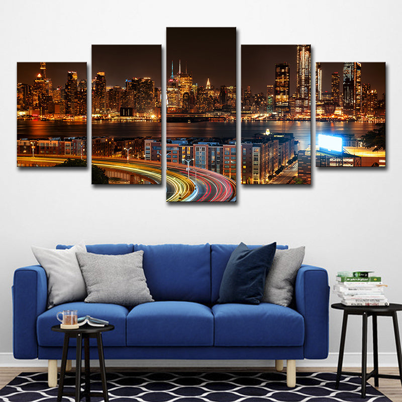 Urban Wall Decor Brown New York City Night Scenery Canvas Wall Art for Living Room