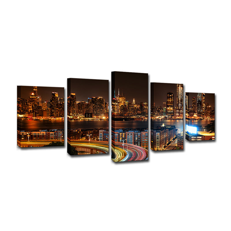 Urban Wall Decor Brown New York City Night Scenery Canvas Wall Art for Living Room