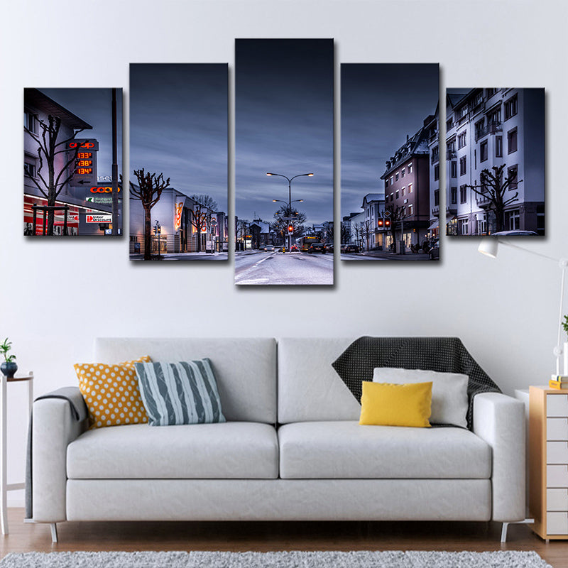 Winter City Street Canvas Art Contemporary Multi-Piece Wall Decoration in Dark Blue