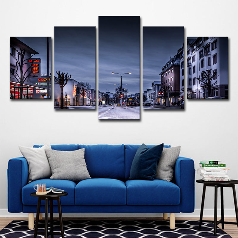 Winter City Street Canvas Art Contemporary Multi-Piece Wall Decoration in Dark Blue