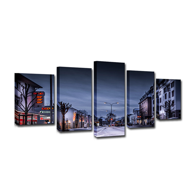 Winter City Street Canvas Art Contemporary Multi-Piece Wall Decoration in Dark Blue