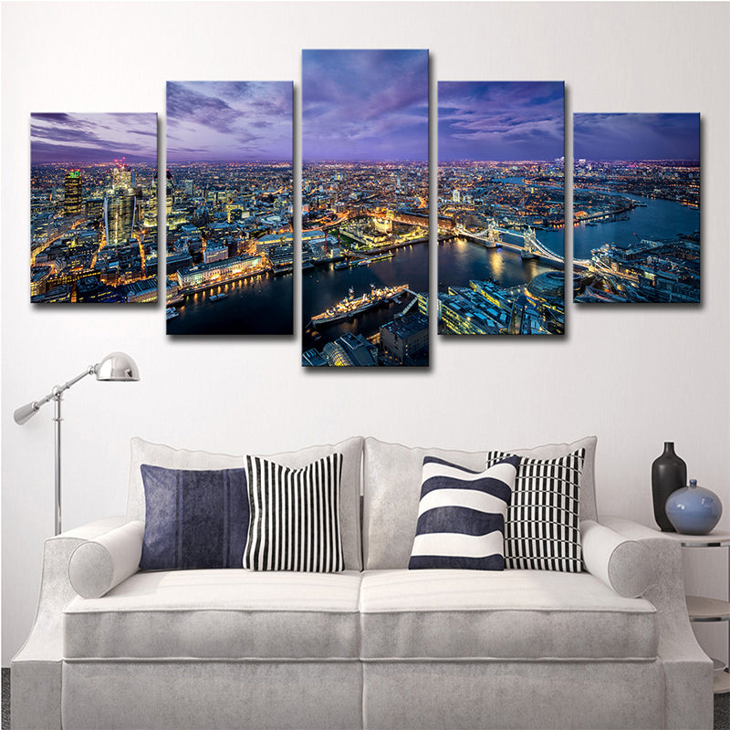 Purple Modernist Art Print Western Europe City Night Scene Canvas for Sitting Room