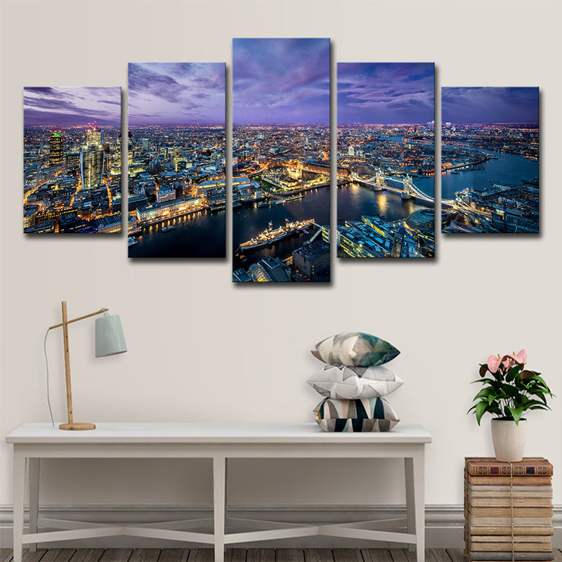 Purple Modernist Art Print Western Europe City Night Scene Canvas for Sitting Room