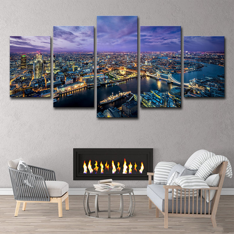 Purple Modernist Art Print Western Europe City Night Scene Canvas for Sitting Room