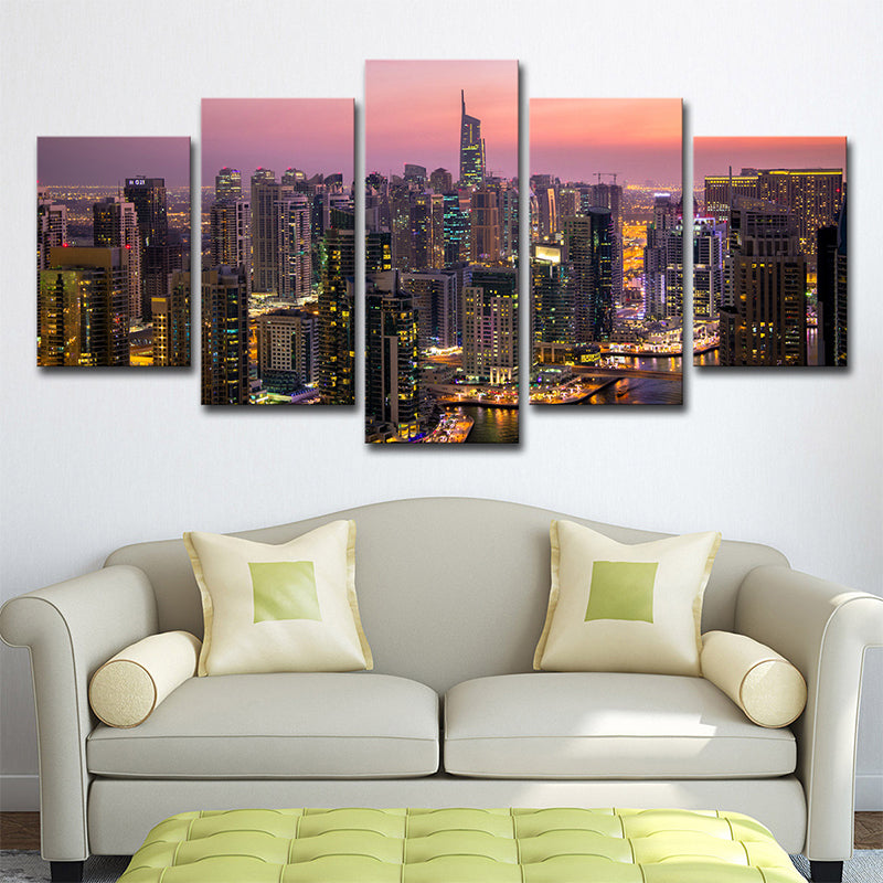 Urban Dubai Night Cityscapes Canvas Purple Multi-Piece Wall Art for Corridor