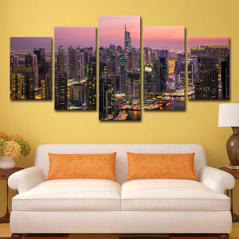 Urban Dubai Night Cityscapes Canvas Purple Multi-Piece Wall Art for Corridor