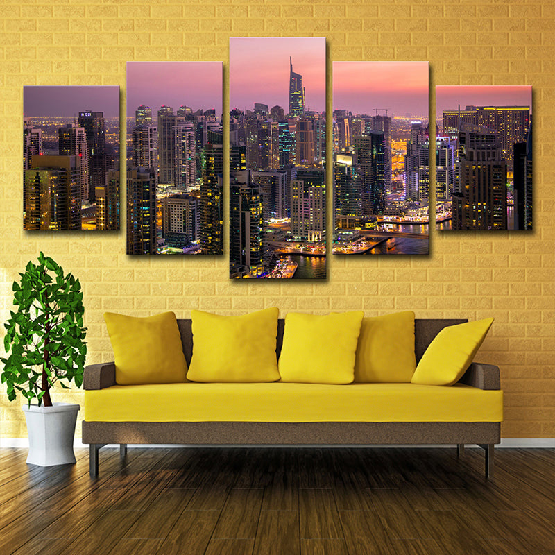 Urban Dubai Night Cityscapes Canvas Purple Multi-Piece Wall Art for Corridor