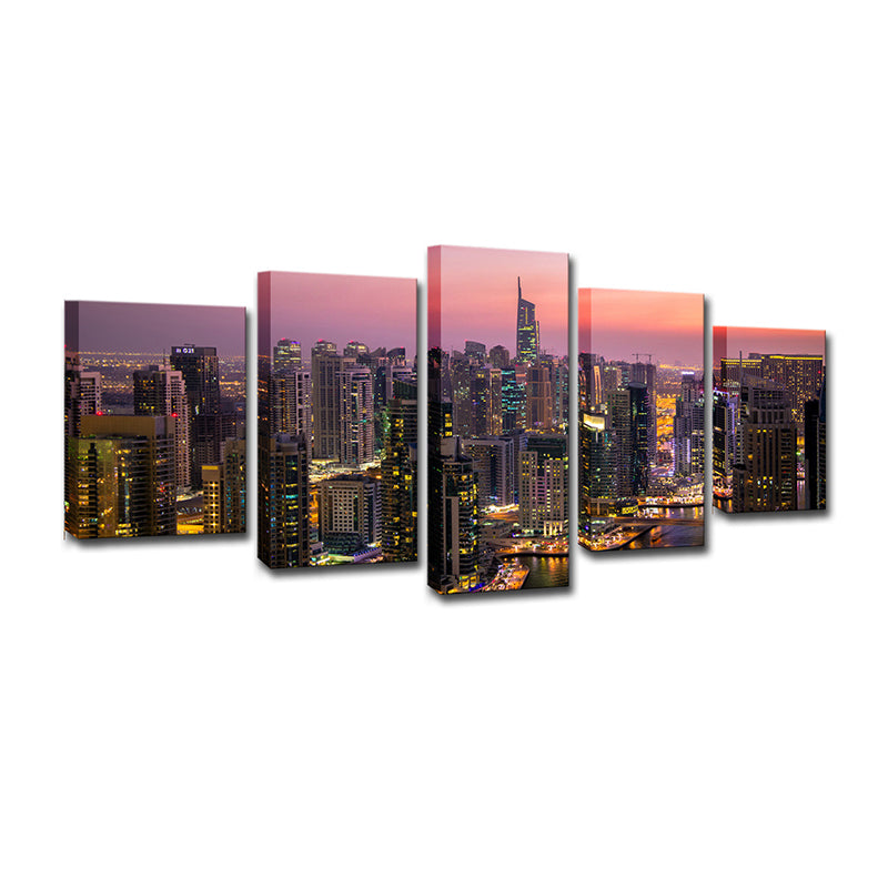 Urban Dubai Night Cityscapes Canvas Purple Multi-Piece Wall Art for Corridor