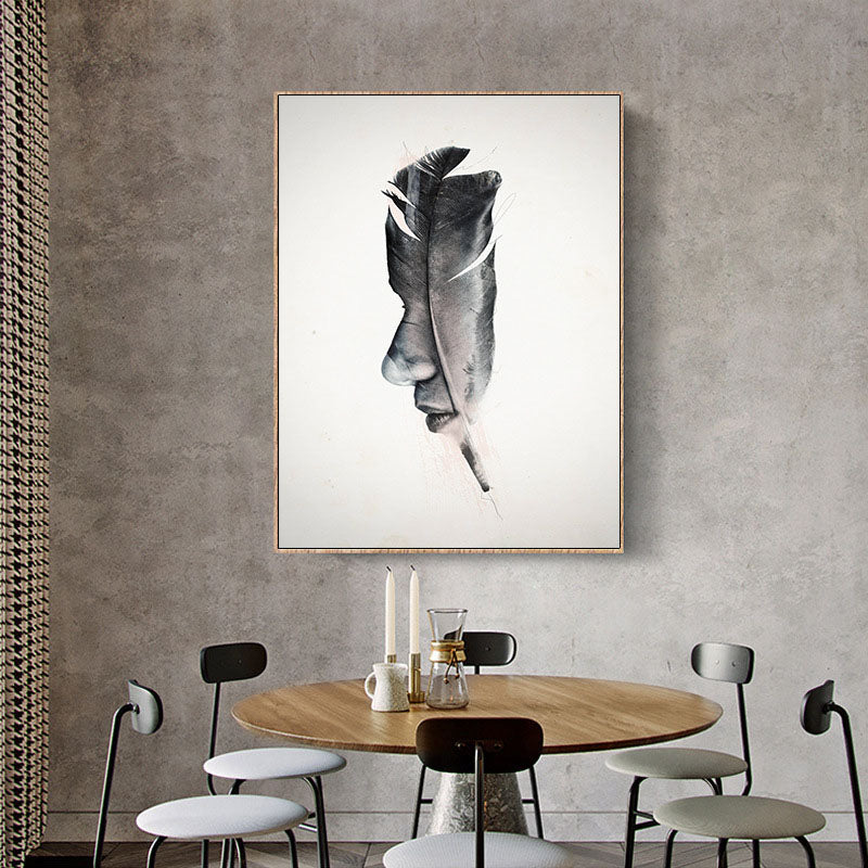 Minimalistic Feather Figure Art Print Canvas Textured Black and White Wall Decor