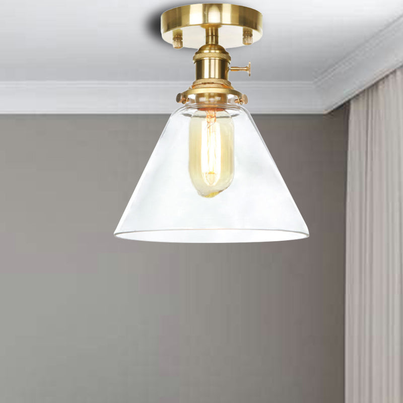 1 Light Ceiling Light Fixture with Cone/Saucer/Bell Shade Clear/Amber Glass Industrial Living Room Semi Flush