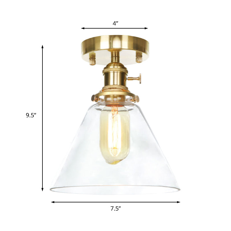 1 Light Ceiling Light Fixture with Cone/Saucer/Bell Shade Clear/Amber Glass Industrial Living Room Semi Flush