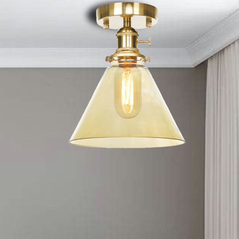 1 Light Ceiling Light Fixture with Cone/Saucer/Bell Shade Clear/Amber Glass Industrial Living Room Semi Flush