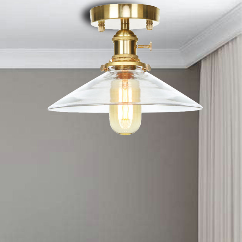 1 Light Ceiling Light Fixture with Cone/Saucer/Bell Shade Clear/Amber Glass Industrial Living Room Semi Flush