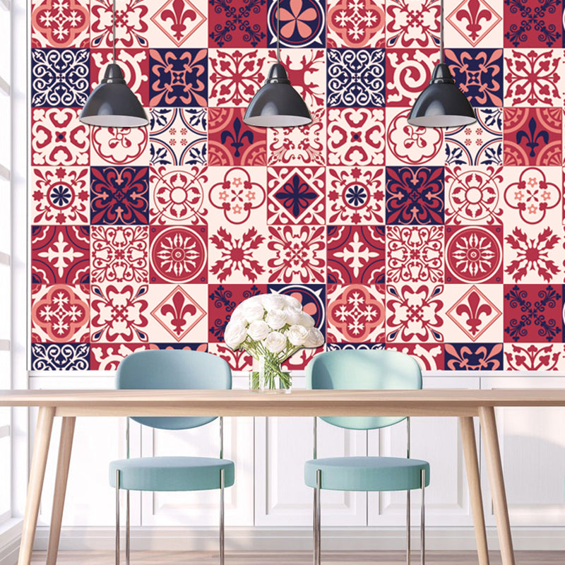 Red Floral Wallpaper Panels Mosaic Tile Boho-Chic Pick Up Sticks Wall Covering for Bathroom