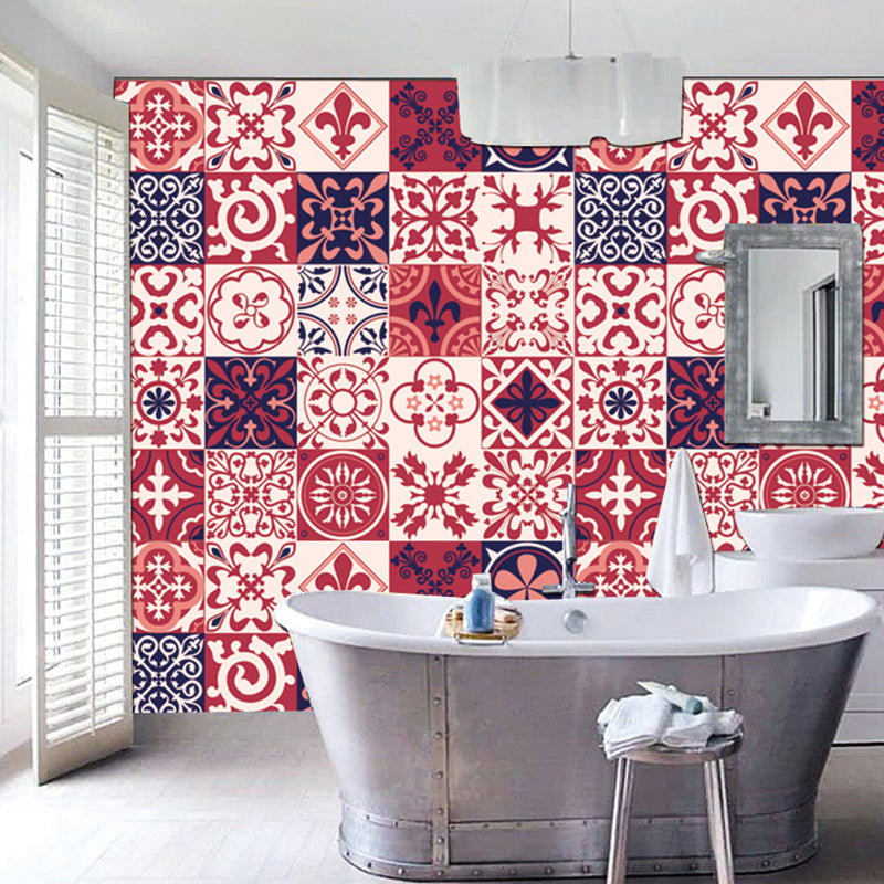 Red Floral Wallpaper Panels Mosaic Tile Boho-Chic Pick Up Sticks Wall Covering for Bathroom